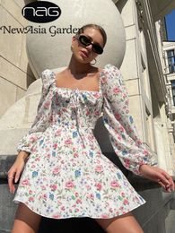 Asia Floral Dress Women Lantern Long Sleeve Ruched Print A Line Square Neck Tie up Mini Vestidos Sexy Chic Summer Beach 220418