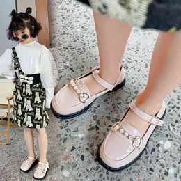 Children's British Spring and Autumn Leather Shoes 2022 New Girls Pearl Casual Loafers with Pearls Shallow Mary Janes Fashion G220418