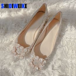 Sapatos de casamento mulher fivela quadrada dedo do pé pontudo cristal sapatilhas rasas com brilho mocassins confortáveis bling 3344 220610