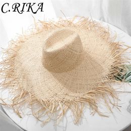 100% Natural Raffia Sun Women Summer Large Jazz Straw Wide Brim Floppy Beach Hat Hand Weave Fashion Panama Cap 220617