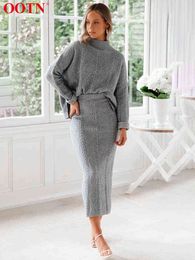 OOTN Grey Two Piece Set Turtleneck Pullovers And Long Skirt Office Ladies 2 Piece Set Autumn Winter Warm Women's Sweaters Suit T220729