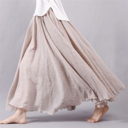Women Linen Cotton Long Skirts Elastic Waist Pleated Maxi Beach Boho Vintage Summer Faldas Saia 220322
