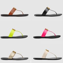 2021 designer slides Women flip flops Leather Women sandal with Double Metal Black White Brown slippers Summer Beach Sandals with BOX US11 NO6