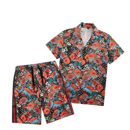 men's Tracksuits brand Summer Sport Fitness casual button beach suits Full body printing Beachwear Short Sleeve 2pcs set Shirt lapel neck clothing flower shirt