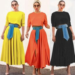 Winter Women's Ankle Umbrella Skirt maxi dress for work with 7-Point Sleeves, Knitted Lace-Up Solid Color Suit for Commuting