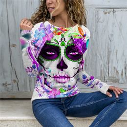 Gothic Skull Print Funny Long Sleeve T-Shirt Summer Autumn Women's Clothing Vintage Casual Loose Oversized Tee Shirt Female Tops 220411