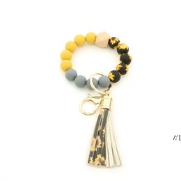 Silicon Sunflower Bracelets 3D Printed High Quality Leather Lepoard Tassel Wristbands Silicone Beads Wooden Beech Party Favour BBB14894