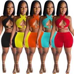 Wholesale Women Tracksuits Summer Clothes Two Piece Sets Outfits Sexy Hollow Out HalterTank Top Shorts 2pcs Matching Set Solid sports Suits 7228