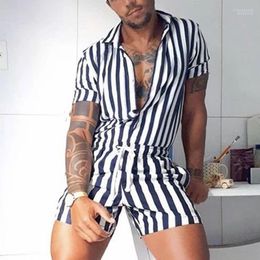 Men's Vests Women Fashion Men Striped Rompers Short Sleeve Button Shorts Lapel Jumpsuit Drawstring Streetwear 2022 Casual Playsuit Stra22