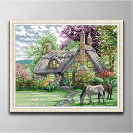 Flowers villa room decor paintings ,Handmade Cross Stitch Craft Tools Embroidery Needlework sets counted print on canvas DMC 14CT /11CT