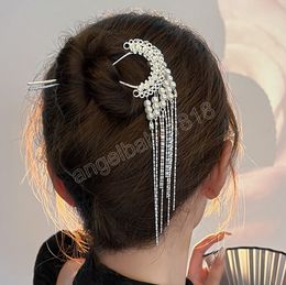 Fashion Metal Chinese Style Hair Stick Flower grace Hairpins Chopsticks Hairpin Long Tassel Pearl Hair Clip Women Hair Accessories