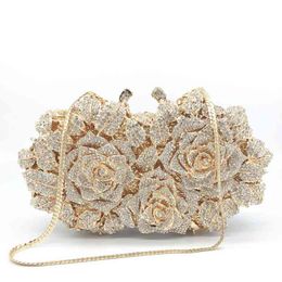 New Arrivals Bling Glitter rhintone Empty Rose Diamond Dinner Bag Metal Hard Box Women's Bag Annual Meeting Evening Drs Bag