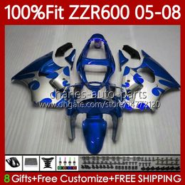 Blue silver Injection Mold Bodywork For KAWASAKI NINJA ZZR600 600CC 2005 2006 2007 2008 Body 134No.128 100% Fit ZZR-600 600 CC 2005-08 ZZR 600 05 06 07 08 OEM Fairing Kit