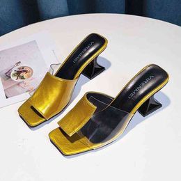 Slippers Elegant Medium Heel Women s Shoes Transparent Patchwork Pu Leather Heels Slippers Summer Square Toe Sandals Slides Female 2022 220516