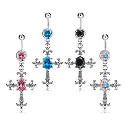 Dangle Cross Belly Button Rings Stainless Steel Fake Gem Inlaid Body Piercing Navel Barbell Ring with Crossing Charm