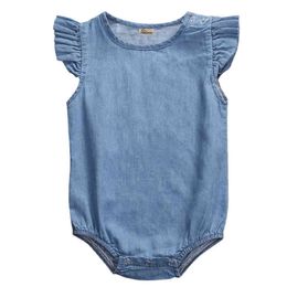 Newborn Baby Girls Fly Sleeve Romper Newborn Denim Solid Colour Jumpsuit Sleeveless Bodysuit 0-24 M Sun Protection Skin-Friendly G220521