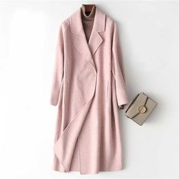 Women Cashmere Long Coat Elegant Turn Down Collar Pink Woollen Coat Covered Button Design Winter Warm Coat Casaco Feminino 201215