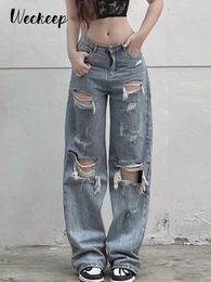 Weekeep Casual Ripped Holes Jeans High Waist Baggy Straight Cargo Pants y2k Aesthetic Streetwear Women 100% Cotton 90s Trousers 220815