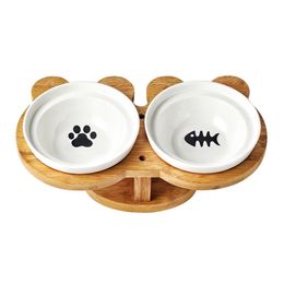 Amboo Wood Ceramics Cat Bowl Pet Supplies Double Bowls Food Water Bowl Protection Spine High Foot Oblique Pet Feeder 210320