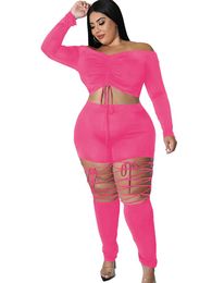 Women's Plus Size Tracksuits Women Sets Clothes Slash Neck Crop Tops And Pant Suit Set Fashion Solid Drawstring Lace Up Hollow Sexy OutfitsW