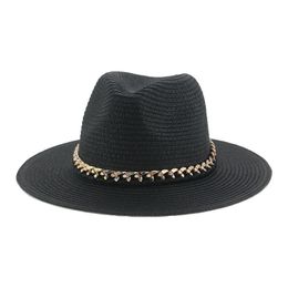 Berets Women's Hat Men Caps Wide Brim Khaki Black Panama Band Belt Chain Straw Outdoor Summer Sun Beach Hats Gorras Para MujerBerets