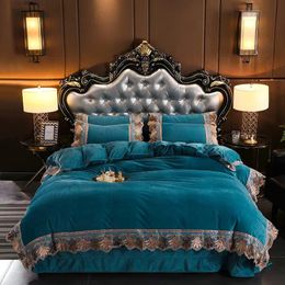 JUSTCHIC European Luxury Duvet Cover Set Winter Crystal Velvet Lace Embroidery Quilt Cover Bed Sheet Pillowcase Queen King Size