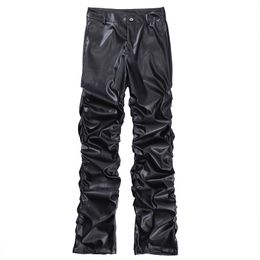 Black Mens High street black pleated stacked casual leather pants men's fashion street hiphop slim pants Straight Pencil Faux Leather Pants