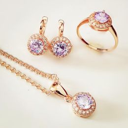 Earrings & Necklace Round Jewelry Sets 585 Gold Color Fashion Purple Trendy Earring Ring For WomenEarrings