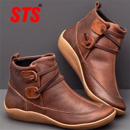 STS Women Boots Autumn Leather Flat Shoes Fashion Martin Short Boots Female Retro NonSlip Casual Womens Shoes Zapatos De Mujer 201105