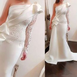 Arabic mermaid Evening Dresses Long Sleeves one shoulder lace Embroidery Beadeds Ruching Crepe Asymmetric Trumpet formal Prom Gowns