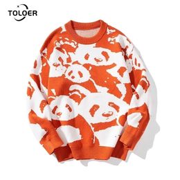 Autumn casual para hombre jaleo de hombres suelto patrón de panda masculina suéter de punto de punto naranja sweater redonda de manga larga de gran tamaño 220817