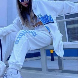 Women's Hoodies & Sweatshirts Women Autumn Blue Korean Gothic Clothes Letter Printing Pure White Long Sleeved Retro Female Oversized Zip Up