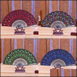 Party Favor Event Supplies Festive Home Garden Chinese Classical Dance Folding Fan Elegant Embroidered Flower Peacock Pattern Sequins Fema