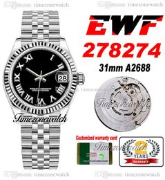 EWF 31mm 278273 Eta A2688 Automatic Womens Ladies Watch Fluted Bezel Black Roman Dial JubileeSteel Bracelet Super Edition Same Serial Warranty Card Timezonewatch 7