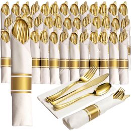 40 Pieces of Pre-Rolled Golden Plastic Silverware Disposable Cutlery and Napkin Suitable for 10 People Dinner Party Wedding