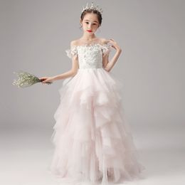 New Year's Rose Flower Dresses For Wedding Off Shoulder Cap Sleeves Tutu Lace First Holy Communion Kids Prom Dress Girls Pageant Gowns 403