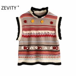 ZEVITY women fashion color matching floral appliques knitting sweater ladies sleeveless casual vest sweaters chic tops S408 201224