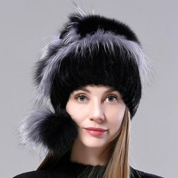 Berets Women Winter Fur Hat Thick Warm Knitted Mink Hats With Balls Female Earflap Cap Lady Natural