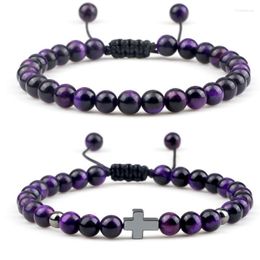 Beaded Strands 6MM Natural Purple Tiger Eye Beads Bracelet Hematite Cross Onyx Prayer Bangle Jewellery Yoga Energy Buddha Gift For Men Women T