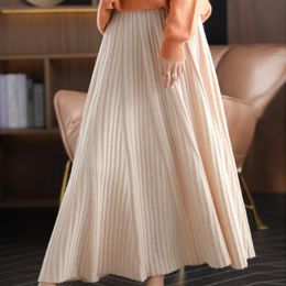 Skirts Pure Cashmere A-Line Skirt Women Autumn Knit Pleated Long 100%Wool Large Size High Waist Korean Bag Hip Base SkirtSkirts