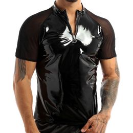 Men's T-Shirts Men Top Shirt Black Wet Look Patent Leather See Through Sheer Short Sleeve Half Front Zipper T-Shirt Clubwear Pole Dance Cost