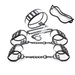 Black Transparent PVC Hidden Buckle BDSM Wrist Hand and Ankle Cuffs Neck Collar Blindfold 4pcs Set Cosplay sexy Toy For Adult