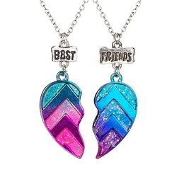 Pink Blue Sequin Stitching Heart Broken Friends Necklace Pendant Chain BFF Friendship Jewelry Gifts For Girl Kids 2PCS/Set