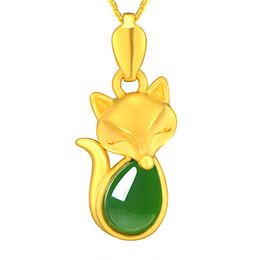 Jade Fox Necklace Pendant Natural Green Chalcedony Pendant Necklace Fashion Charm Jewellery for Women Men Sand Gold Necklaces