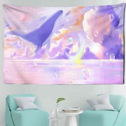 Pink Starry Dream Whale Tapestry Aesthetic Room Decoration Wall Rugs Garden Cloth J220804