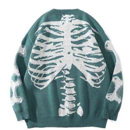 Hip Hop Streetwear Harajuku Sweater Men Women Loose Vintage Retro Skull Print Knitted Sweater 2021 Autumn Cotton Pullover Unisex T220730