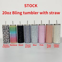 Bling Flash Water Drill Stick Drill 20oz Vacuum Insulation Stainless Steel Straw Coffee Cup Straight Body Straight Barrel Slimming Cup B0510