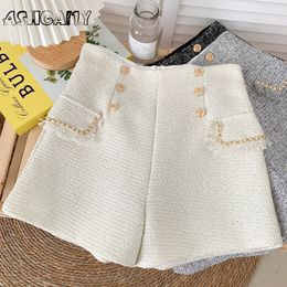 High Waist Tweed Shorts Women Casual Loose Ladies Fashion Spring Autumn Slim Button All match 220602