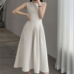 Spring Summer O Neck Solid Color Sleeveless Chic Dress For Women s French Waist Show Thin Temperament Goddess Fan 220613