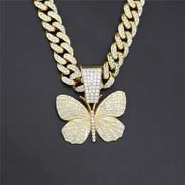 Pendant Necklaces Gold Colour Butterfly Necklace & Big Iced Out Miami Cuban Chain Zircon Men'S Women Hip Hop Rock JewelryPendant Neck
